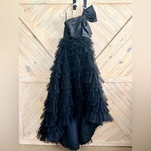 Custom Made CELEB Black Tiered Tulle One Shoulder Ruffle Gown with Bow
